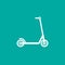 White kick scooter or balance bike icon. Flat push scooter isolated on blue