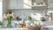 a white kitchen adorned with spring and Easter decor, the airy and bright ambiance with touches of pastel hues, floral