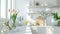 a white kitchen adorned with spring and Easter decor, the airy and bright ambiance with touches of pastel hues, floral