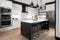 white kitchen with black and stainless steel appliances, sleek and stylish