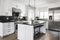 white kitchen with black and stainless steel appliances, sleek and stylish