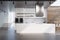 White kitchen counter, wood and concrete