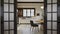 White kitchen with dark red brick, wood, large window and kitchen utensils.