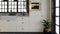 White kitchen with dark red brick, wood, large window and kitchen utensils.