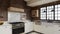 White kitchen with dark red brick, wood, large window and kitchen utensils.