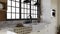 White kitchen with dark red brick, wood, large window and kitchen utensils.