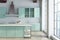 White kitchen, green countertops close up