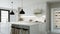 White kitchen interior with island, kitchen appliances and lighting.