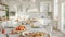 white kitchen in a luxurious modern farmhouse, sunlight shining through a large window, fruit and sandwiches on the