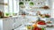 white kitchen in a luxurious modern farmhouse, sunlight shining through a large window, fruit and sandwiches on the