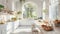 white kitchen in a luxurious modern farmhouse, sunlight shining through a large window, fruit and sandwiches on the