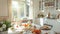 white kitchen in a luxurious modern farmhouse, sunlight shining through a large window, fruit and sandwiches on the