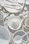White kitchen plates pots cutlery