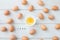 white kitchen table texture background with fresh yellow yolk egg on white cup and eggs text letter.