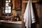 white kitchen towel hanging on an antique nail beside an old farmhouse sink