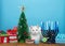 White kitten laying between Christmas and Hanukkah decorations