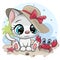 White Kitty in a hat and cute crab on the beach