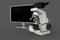 White lab microscope, system box and empty screen isolated, photorealistic medical 3d illustration with fictive design, microscopy