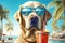 A white labrador dog is relaxing on the beach with a cocktail. The concept of summer tourism. Generative AI