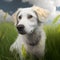 a white labrador dog walks on the green grass under a blue cloudless sky