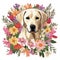 White Labrador Retriever dog with flowers. Cute puppy design .