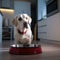 A white Labrador sits next to a bowl of food. The concept of choosing food for adult dogs. Generative, AI