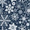 White lace crochet snowflakes seamless pattern on navy blue, vector