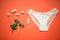 White lace panties with tampon on a coral background. Female underwear for the bride with delicate flowers on an orange background