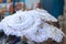 White lace umbrellas on the island of Burano, shop with lace, Venice, Italy