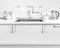 White laminated table on blurred rustic kitchen sink interior background