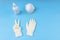 White latex gloves,sanitizing gel and mask. Protection concept. Protection against pollution, virus, flu and coronavirus. Copy