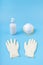 White latex gloves,sanitizing gel and mask. Protection concept. Protection against pollution, virus, flu and coronavirus. Copy