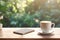 White latte coffee mug and mobile phone on Wooden plank floor table, side view, fresh atmosphere, sunlight in the early morning