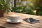 White latte coffee mug and mobile phone on Wooden plank floor table, side view, fresh atmosphere, sunlight in the early morning