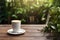 White latte coffee mug on Wooden plank floor table, side view, fresh atmosphere, sunlight in the early morning background