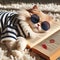 A white lazy cat in sunglasses sleeps on a open book