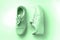 White leather sneakers on mint background. Pair of fashion trendy white sport shoes or sneakers with copy space for text or design