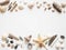 White light background with seashells and sea stars for the site frame for text. Journey to the sea is a memory.