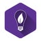 White Light bulb with leaf icon isolated with long shadow. Eco energy concept. Purple hexagon button