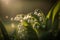 White lily of the valley. Summer flowers and green leaves. Morning fog. Generative Ai