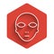 White line Alien icon isolated with long shadow. Extraterrestrial alien face or head symbol. Red hexagon button. Vector