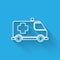 White line Ambulance and emergency car icon isolated with long shadow. Ambulance vehicle medical evacuation. Vector.