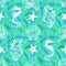 White  line art seahorse, starfish and seashell seamless pattern on green and blue seaweed background