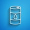 White line Barrel oil icon isolated on blue background. Long shadow. Vector