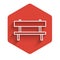 White line Bench icon isolated with long shadow. Red hexagon button. Vector Illustration.