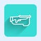 White line Biathlon rifle icon isolated with long shadow. Ski gun. Green square button. Vector