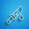 White line Bloody knife icon isolated on blue background. Long shadow. Vector