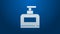 White line Bottle of shampoo icon isolated on blue background. 4K Video motion graphic animation