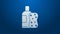 White line Bottle of shampoo and sponge icon isolated on blue background. 4K Video motion graphic animation