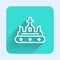 White line British crown icon isolated with long shadow. Green square button. Vector